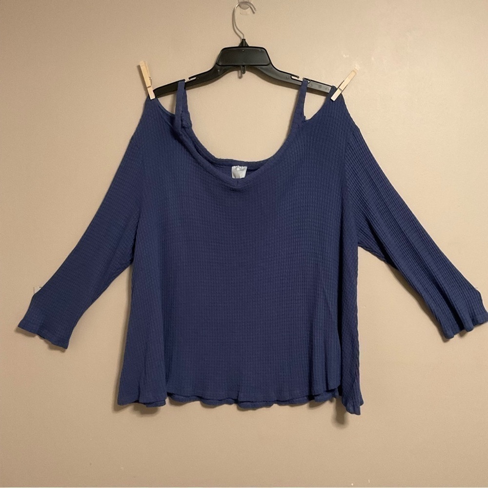 🌞V Neck Long Sleeve Shirts Off Shoulder Waffle Knit Blue‎ Tunic 3X